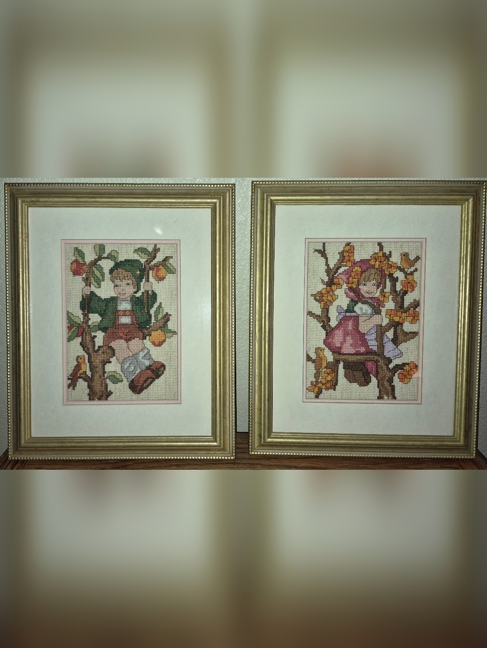 2 Vintage framed cross-stitch pictures, Hummel Girl & Boy Inspired Artwork - Picture 1 of 4